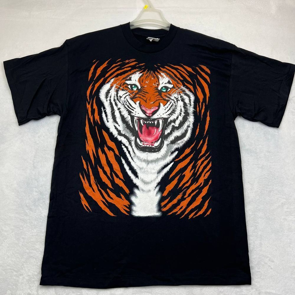 Vintage Tiger Print Animal Shirt Men XL Black Graphic Casual Detroit Tigers New